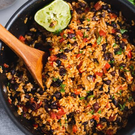 Black Beans and Brown Rice — peppers, corn, tomatoes, seasoning